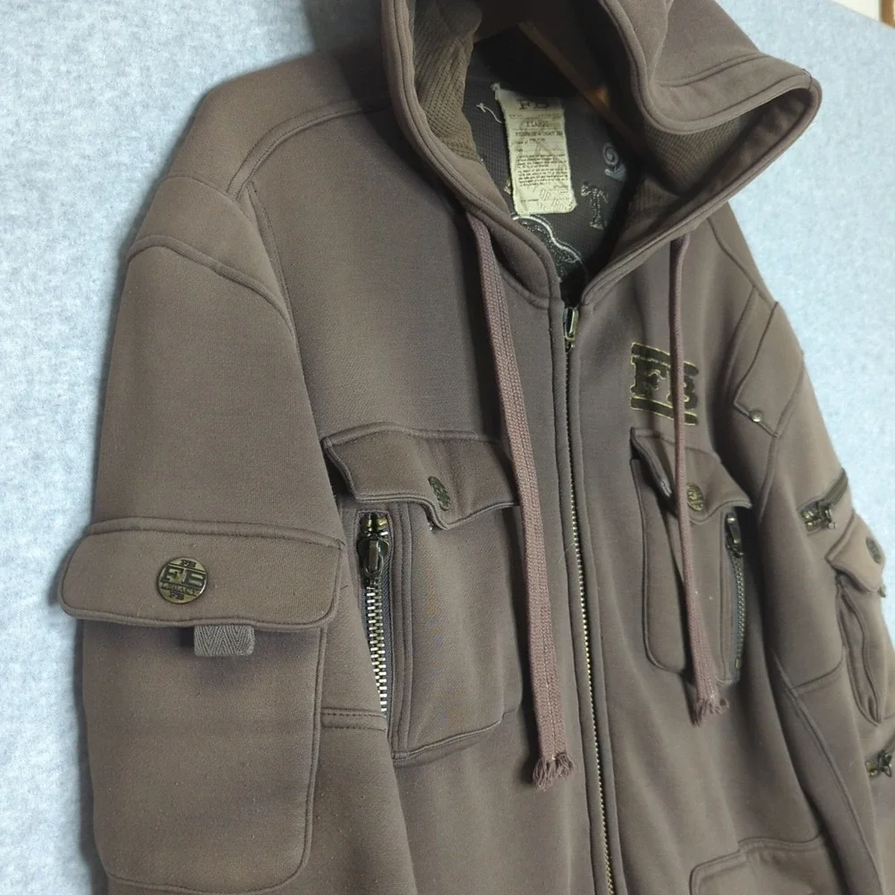 Vintage Brown Cargo Hooded Jacket L Full Zip Distressed Y2K Streetwear Spell out